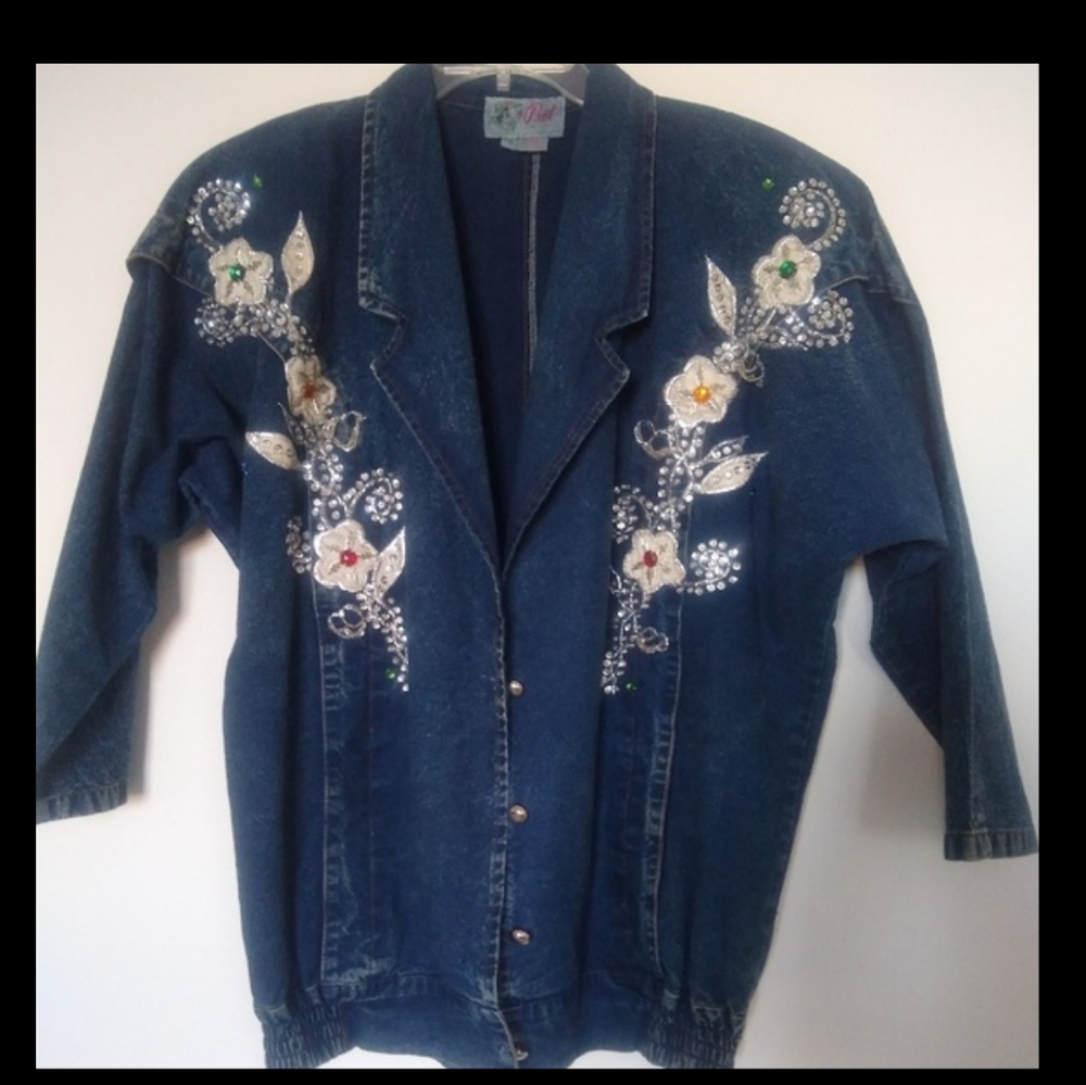 Oversize denim jeans floral sequins beads acid wash jacket - Picture 9 of 9